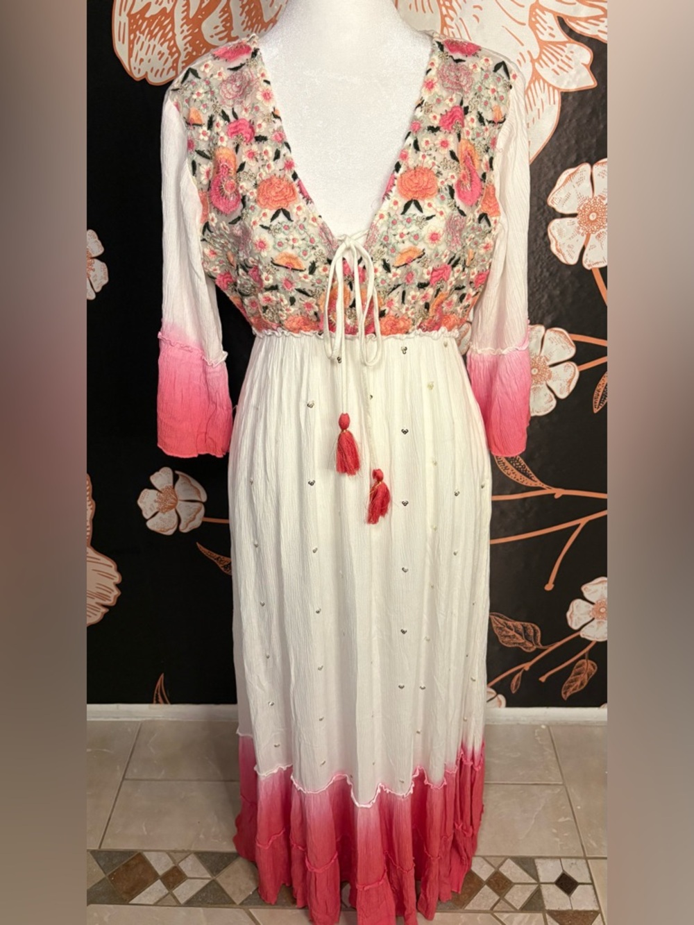 NWT Enchanting Ivory and Pink Floral Embroidered Maxi Dress with Soft Ombre Hem - Picture 4 of 9